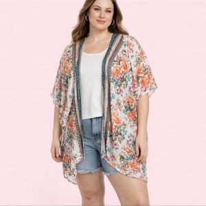 Angie Floral Kimono Large Blue Coral Pink Boho Beach Cover Up Resort Coastal EUC